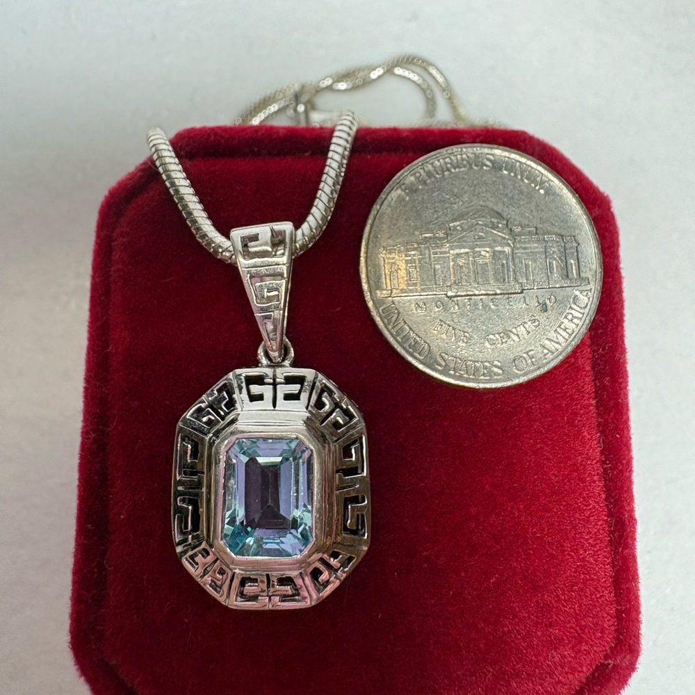 Sterling Silver Genuine Emerald-cut Faceted Blue Topaz Pendant - Picture 3 of 5